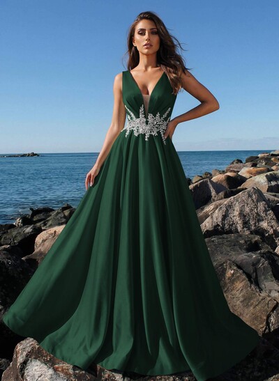 A-Line Plunge Neck Sleeveless Sweep Train Satin Prom Dresses With Rhinestone