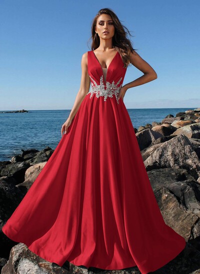 A-Line Plunge Neck Sleeveless Sweep Train Satin Prom Dresses With Rhinestone