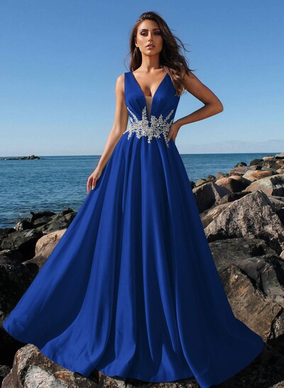 A-Line Plunge Neck Sleeveless Sweep Train Satin Prom Dresses With Rhinestone