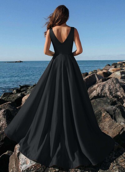 A-Line Plunge Neck Sleeveless Sweep Train Satin Prom Dresses With Rhinestone
