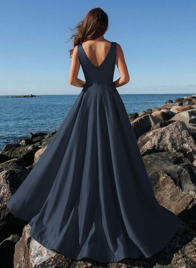 A-Line Plunge Neck Sleeveless Sweep Train Satin Prom Dresses With Rhinestone