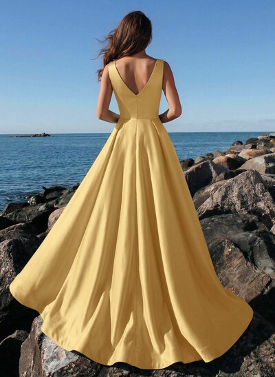 A-Line Plunge Neck Sleeveless Sweep Train Satin Prom Dresses With Rhinestone
