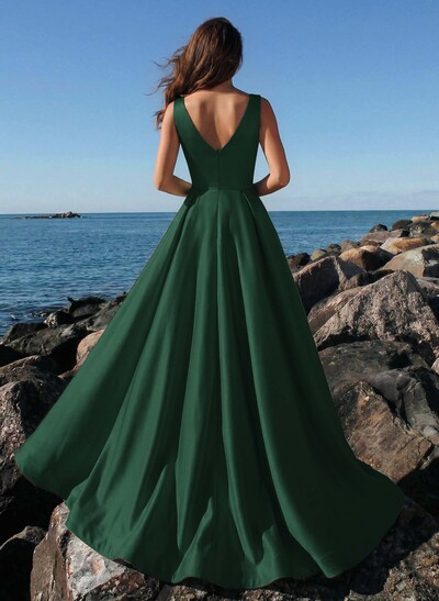 A-Line Plunge Neck Sleeveless Sweep Train Satin Prom Dresses With Rhinestone