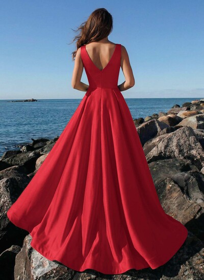 A-Line Plunge Neck Sleeveless Sweep Train Satin Prom Dresses With Rhinestone