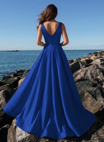 A-Line Plunge Neck Sleeveless Sweep Train Satin Prom Dresses With Rhinestone