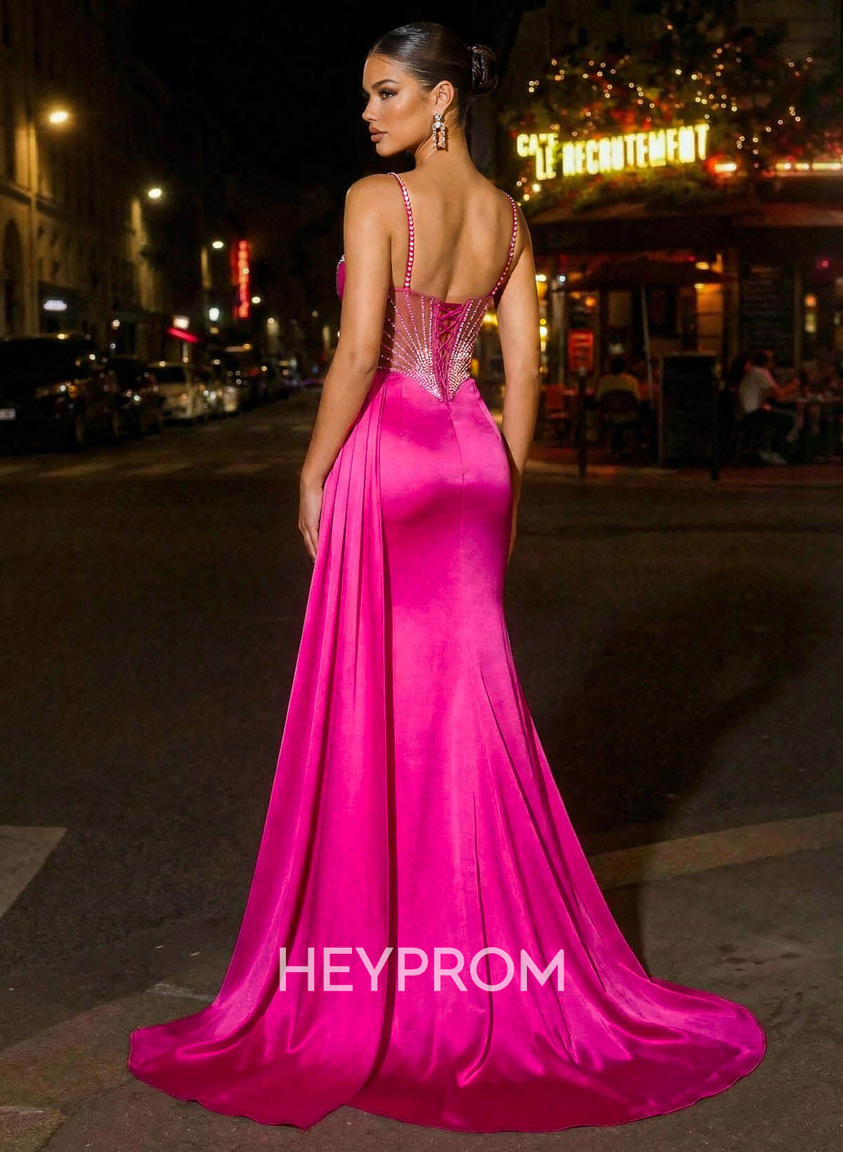 Trumpet/Mermaid Sweetheart Sweep Train Stretch Satin Knit Prom Dresses With Rhinestone/High Split/Sweeping Side Drape
