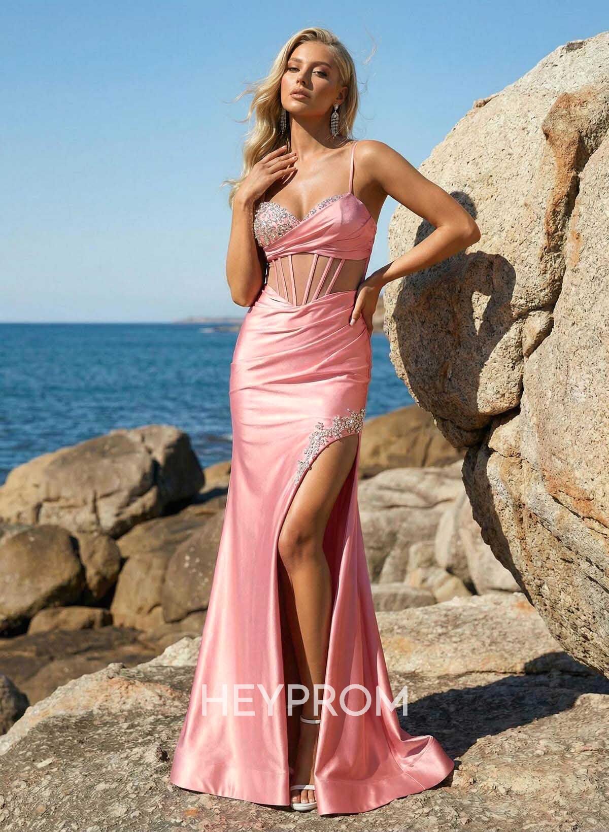 Trumpet/Mermaid Sweetheart Sweep Train Stretch Satin Knit Prom Dresses With Rhinestone/High Split