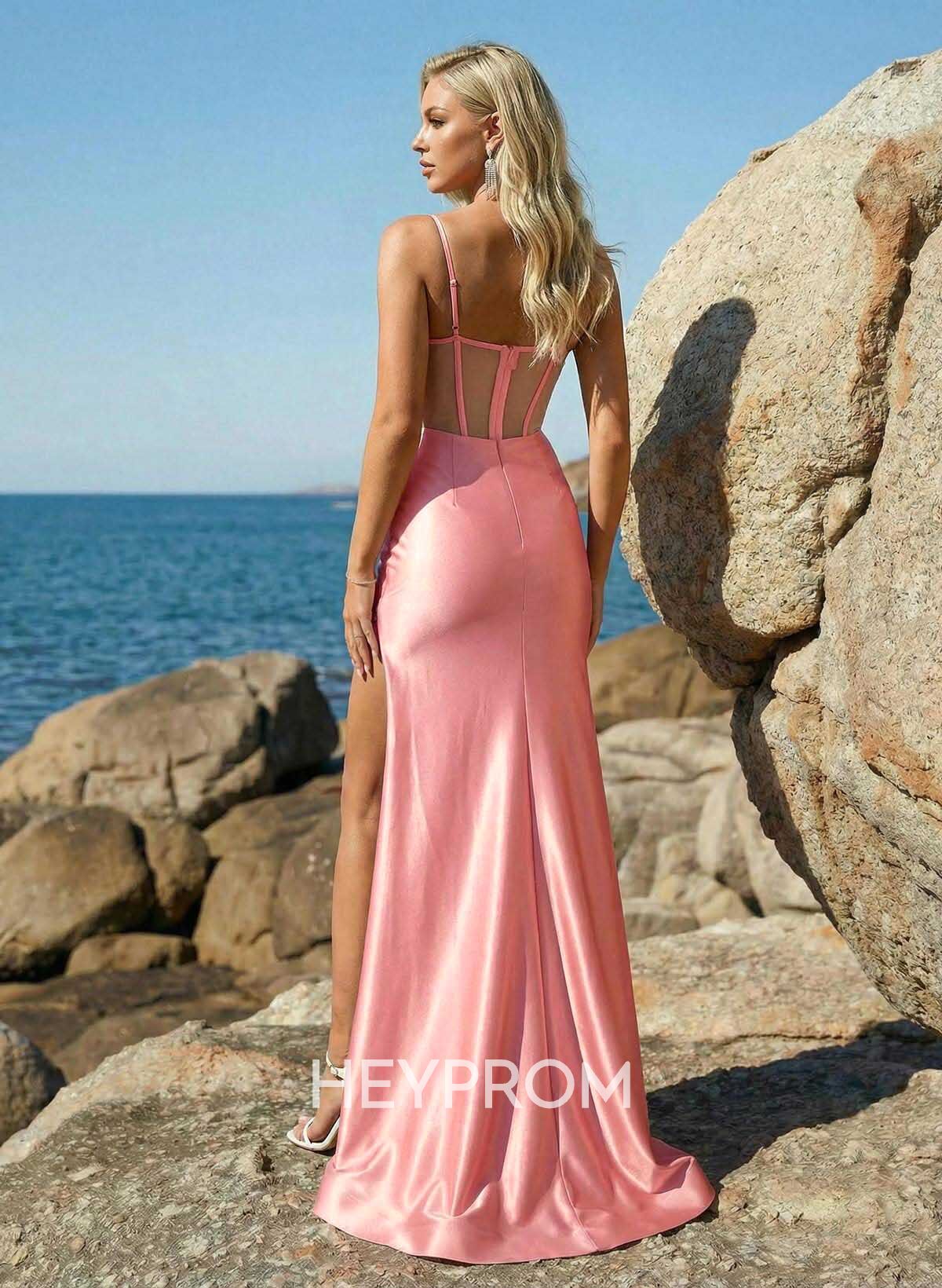 Trumpet/Mermaid Sweetheart Sweep Train Stretch Satin Knit Prom Dresses With Rhinestone/High Split