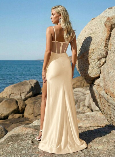 Trumpet/Mermaid Sweetheart Sweep Train Stretch Satin Knit Prom Dresses With Rhinestone/High Split