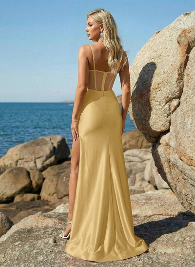 Trumpet/Mermaid Sweetheart Sweep Train Stretch Satin Knit Prom Dresses With Rhinestone/High Split