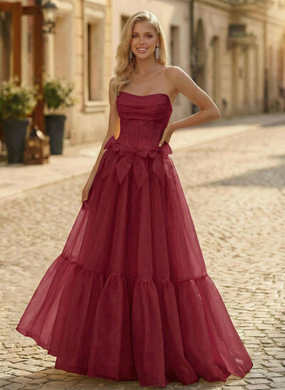 Sweet & Flow A-Line Strapless Sleeveless Floor-Length Organza Prom Dresses With Bow(s)