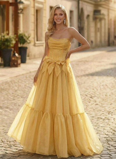 Sweet & Flow A-Line Strapless Sleeveless Floor-Length Organza Prom Dresses With Bow(s)