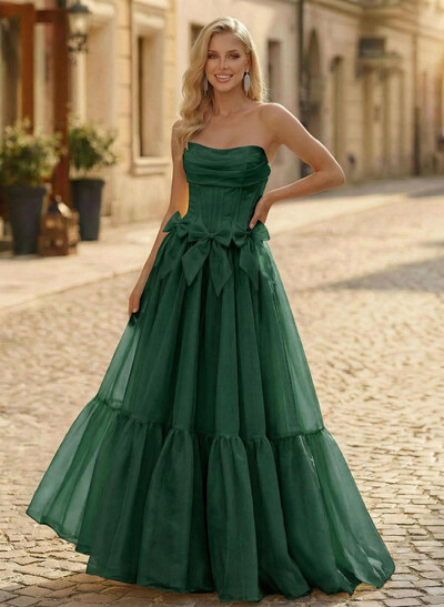 Sweet & Flow A-Line Strapless Sleeveless Floor-Length Organza Prom Dresses With Bow(s)