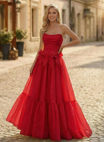Sweet & Flow A-Line Strapless Sleeveless Floor-Length Organza Prom Dresses With Bow(s)