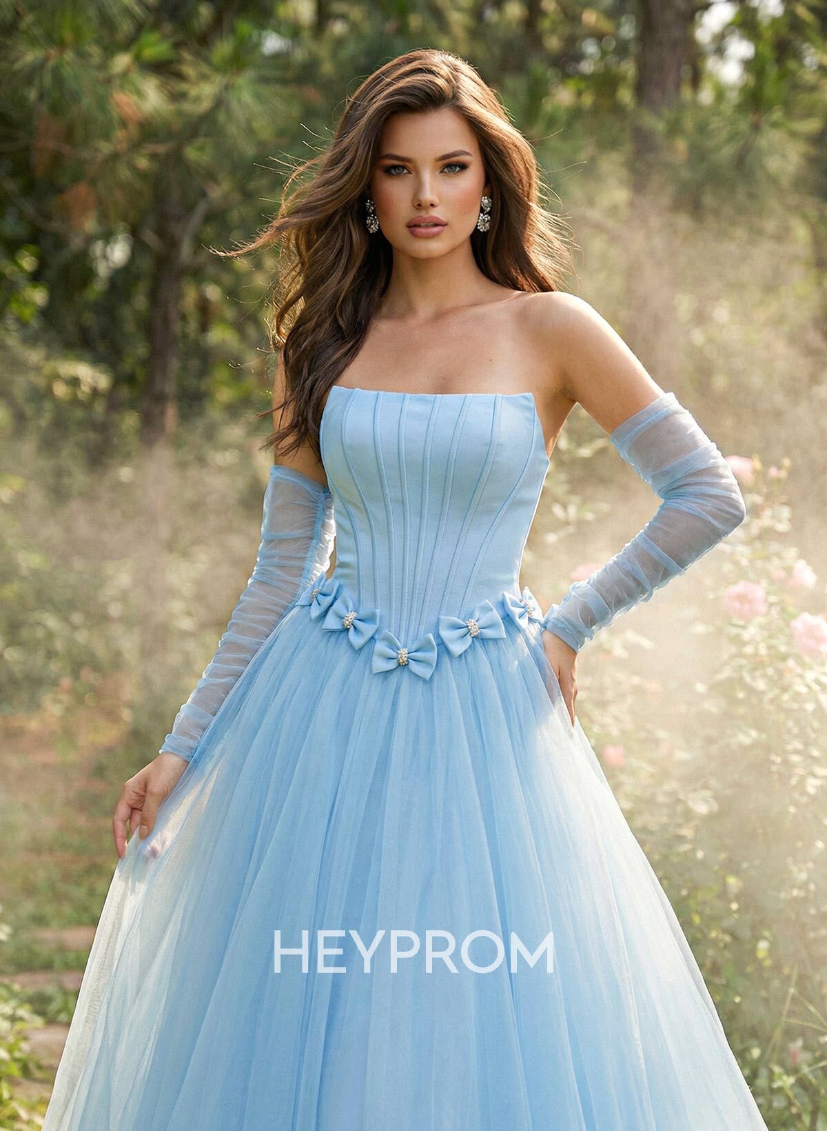Sweet & Flow A-Line Strapless Detachable Sleeves Floor-Length Satin Prom Dresses With Bow(s)