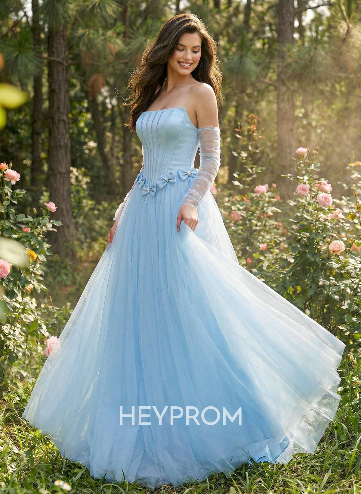 Sweet & Flow A-Line Strapless Detachable Sleeves Floor-Length Satin Prom Dresses With Bow(s)