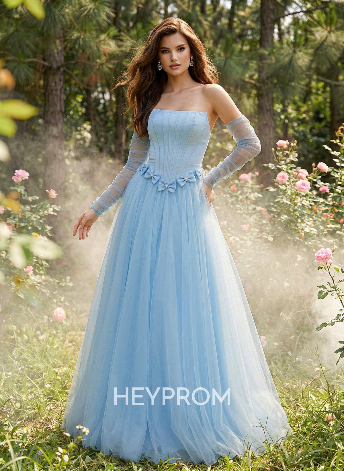 Sweet & Flow A-Line Strapless Detachable Sleeves Floor-Length Satin Prom Dresses With Bow(s)