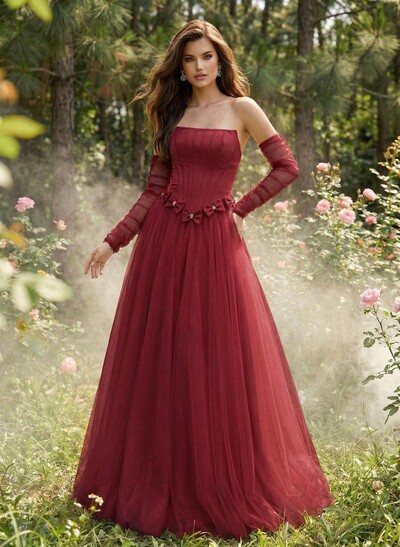 Sweet & Flow A-Line Strapless Detachable Sleeves Floor-Length Satin Prom Dresses With Bow(s)