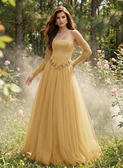 Sweet & Flow A-Line Strapless Detachable Sleeves Floor-Length Satin Prom Dresses With Bow(s)