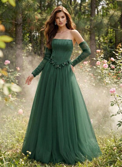 Sweet & Flow A-Line Strapless Detachable Sleeves Floor-Length Satin Prom Dresses With Bow(s)