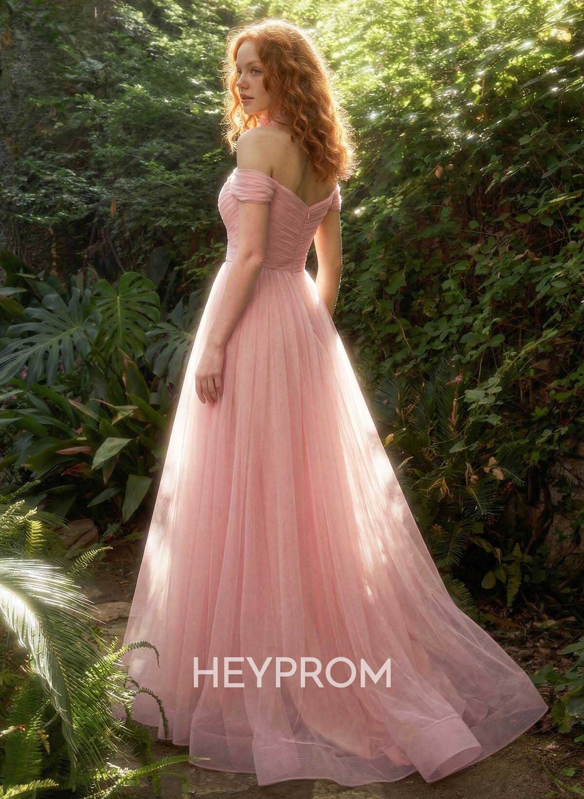 A-Line Off-The-Shoulder Sleeveless Sweep Train Satin Prom Dresses With Pleated/Flower(s)/High Split