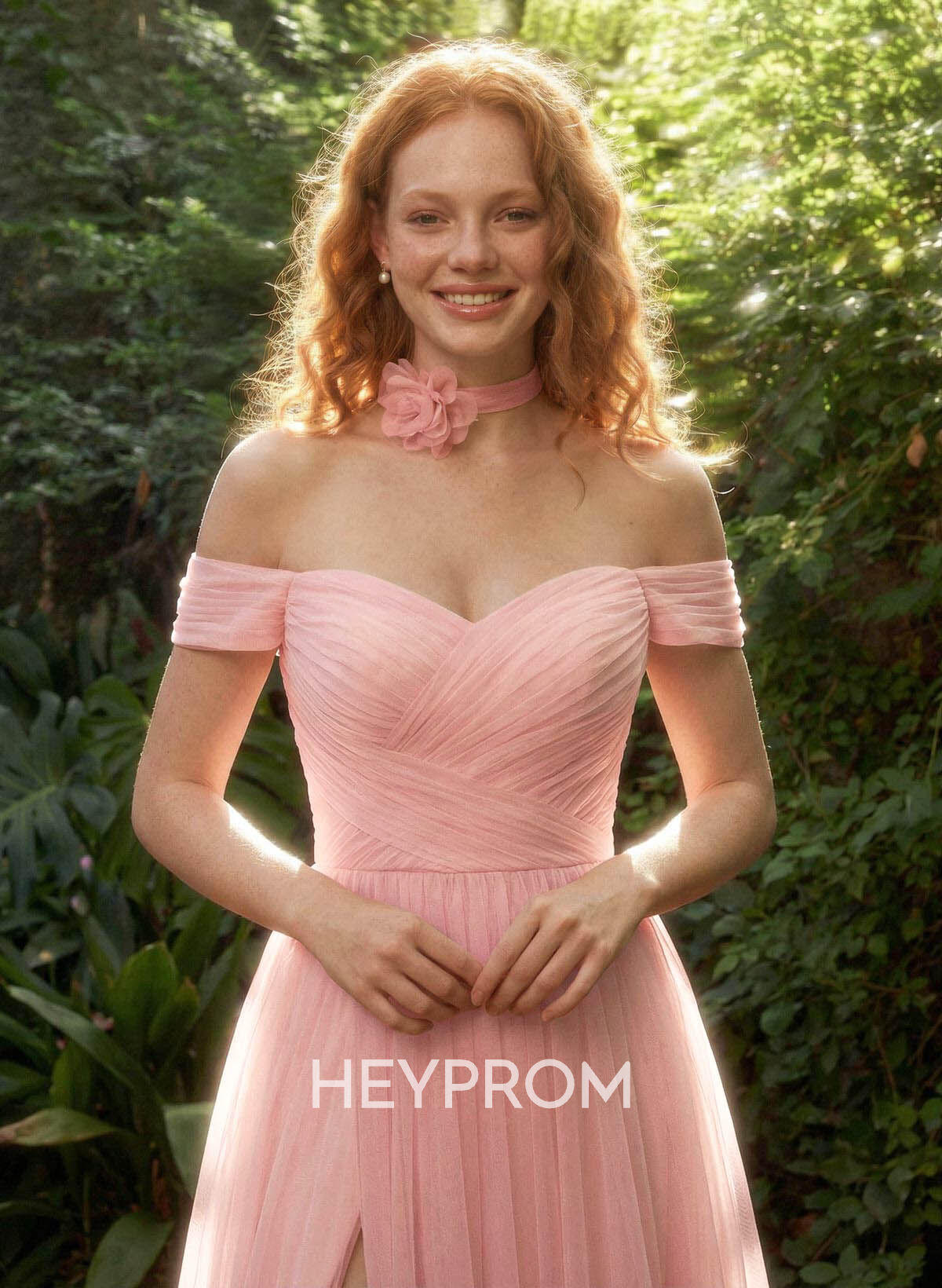 A-Line Off-The-Shoulder Sleeveless Sweep Train Satin Prom Dresses With Pleated/Flower(s)/High Split