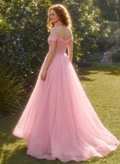 A-Line Off-The-Shoulder Sleeveless Sweep Train Satin Prom Dresses With Pleated/Flower(s)/High Split