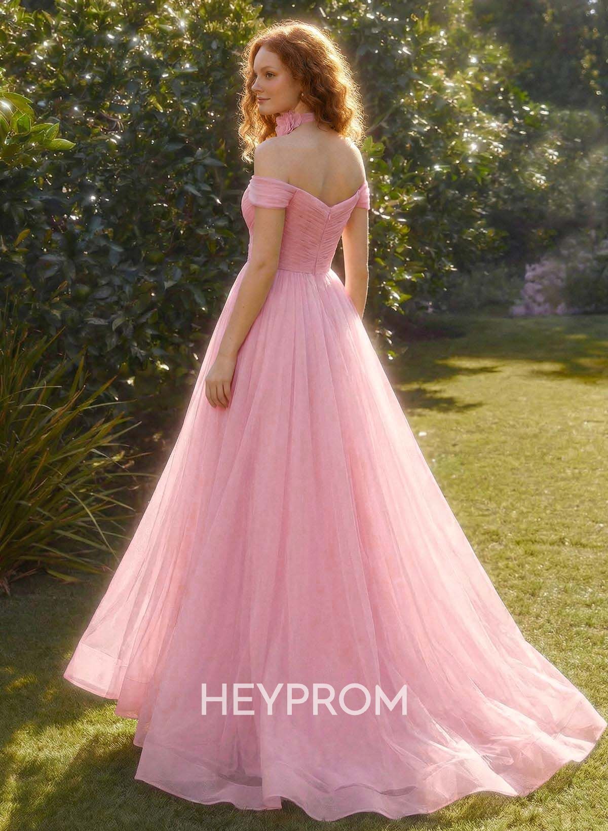 A-Line Off-The-Shoulder Sleeveless Sweep Train Satin Prom Dresses With Pleated/Flower(s)/High Split
