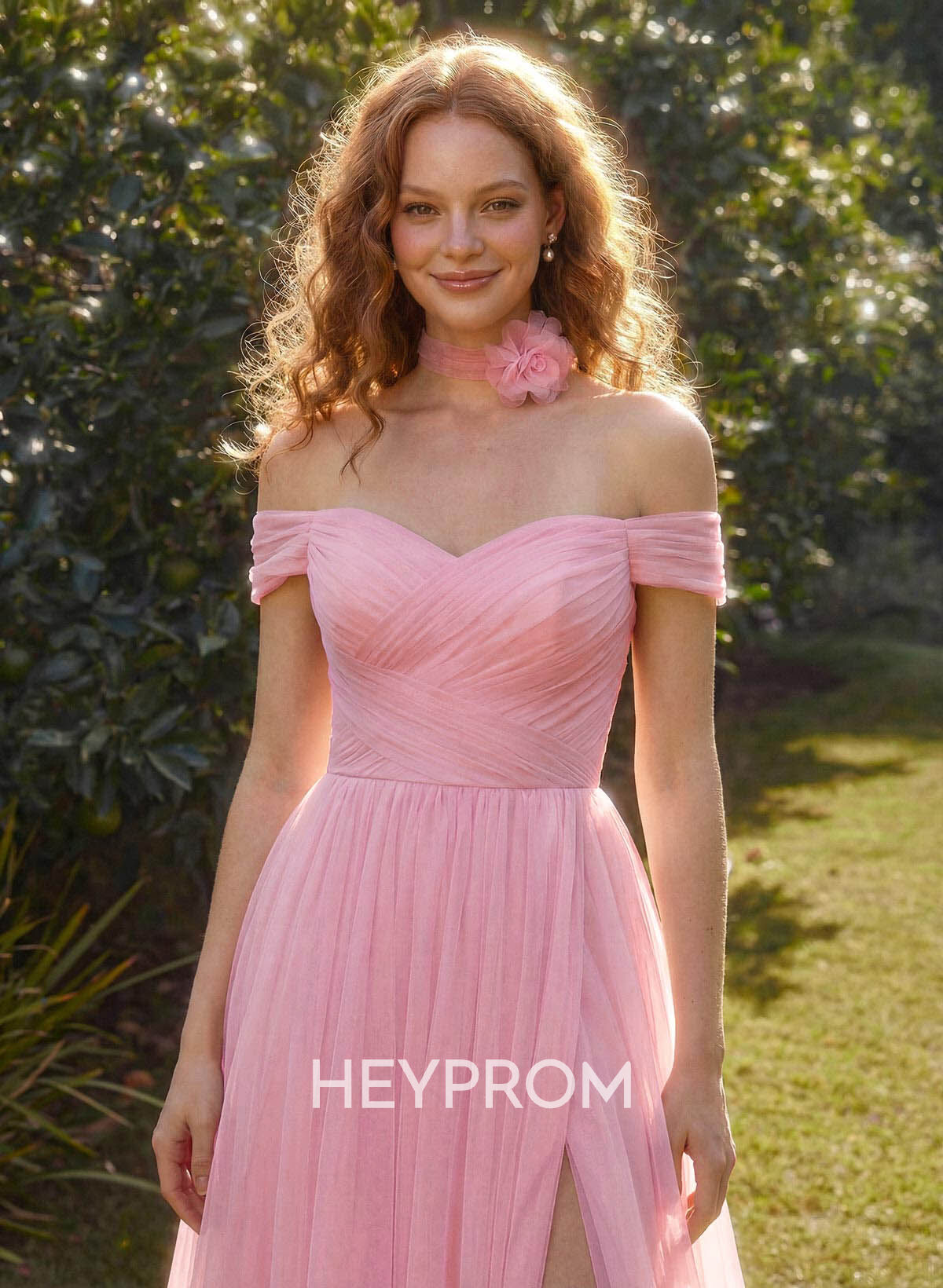 A-Line Off-The-Shoulder Sleeveless Sweep Train Satin Prom Dresses With Pleated/Flower(s)/High Split