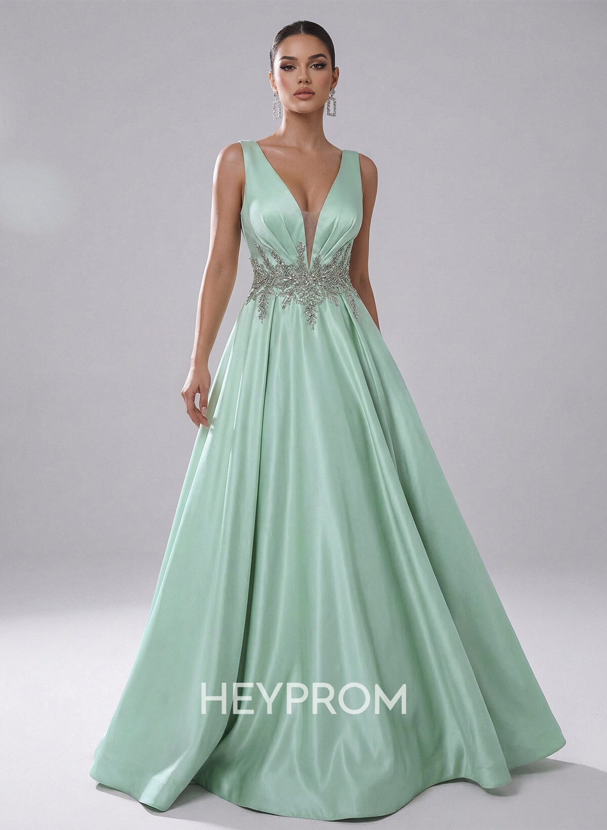 Elegant A-Line Plunge Neck Sleeveless Sweep Train Satin Prom Dresses With Rhinestone