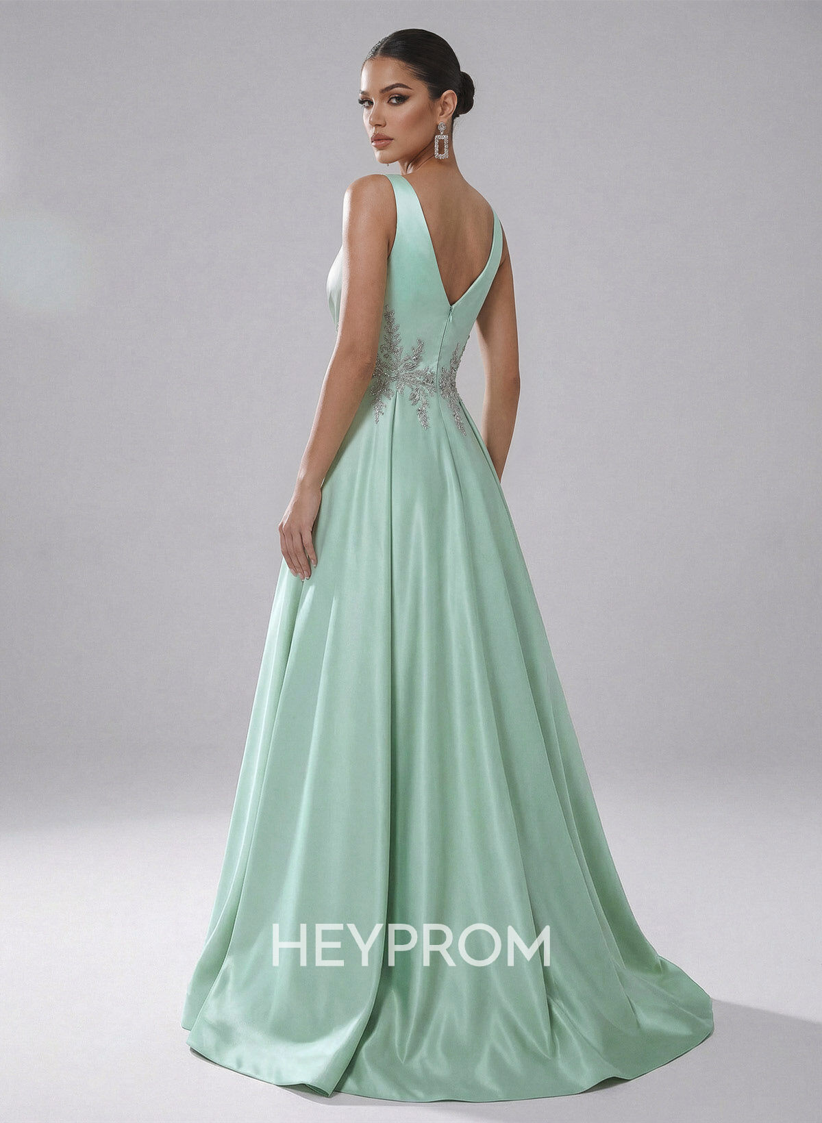 Elegant A-Line Plunge Neck Sleeveless Sweep Train Satin Prom Dresses With Rhinestone