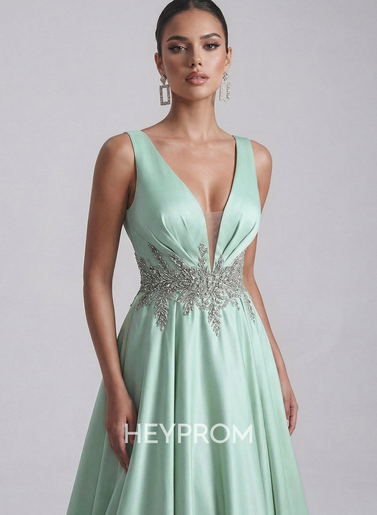 Elegant A-Line Plunge Neck Sleeveless Sweep Train Satin Prom Dresses With Rhinestone