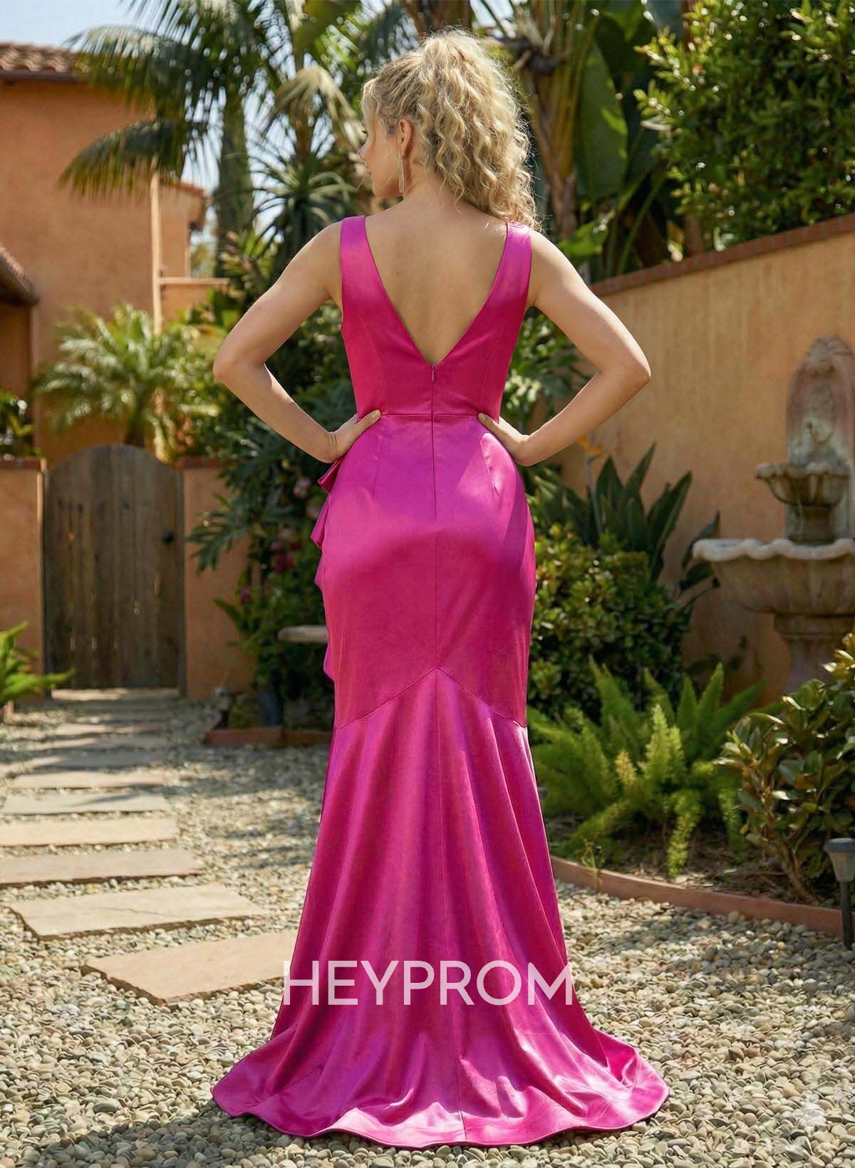 Trumpet/Mermaid Plunge Neck Sleeveless Sweep Train Charmeuse Prom Dresses With Ruffle/High Split