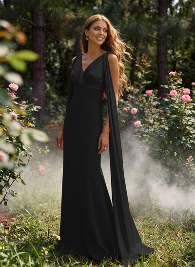 Elegant Trumpet/Mermaid V-Neck Cape Sleeves Floor-Length Elastic Satin/Charmeuse Prom Dresses