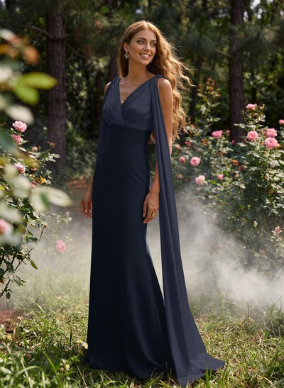 Elegant Trumpet/Mermaid V-Neck Cape Sleeves Floor-Length Elastic Satin/Charmeuse Prom Dresses