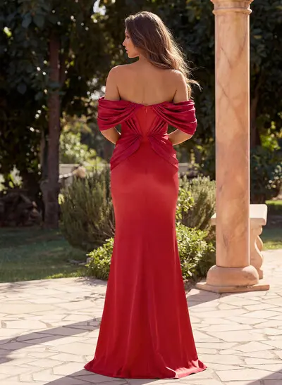 Trumpet/Mermaid Off-The-Shoulder Sleeveless Floor-Length Elastic Satin/Satin Prom Dresses With Pleated