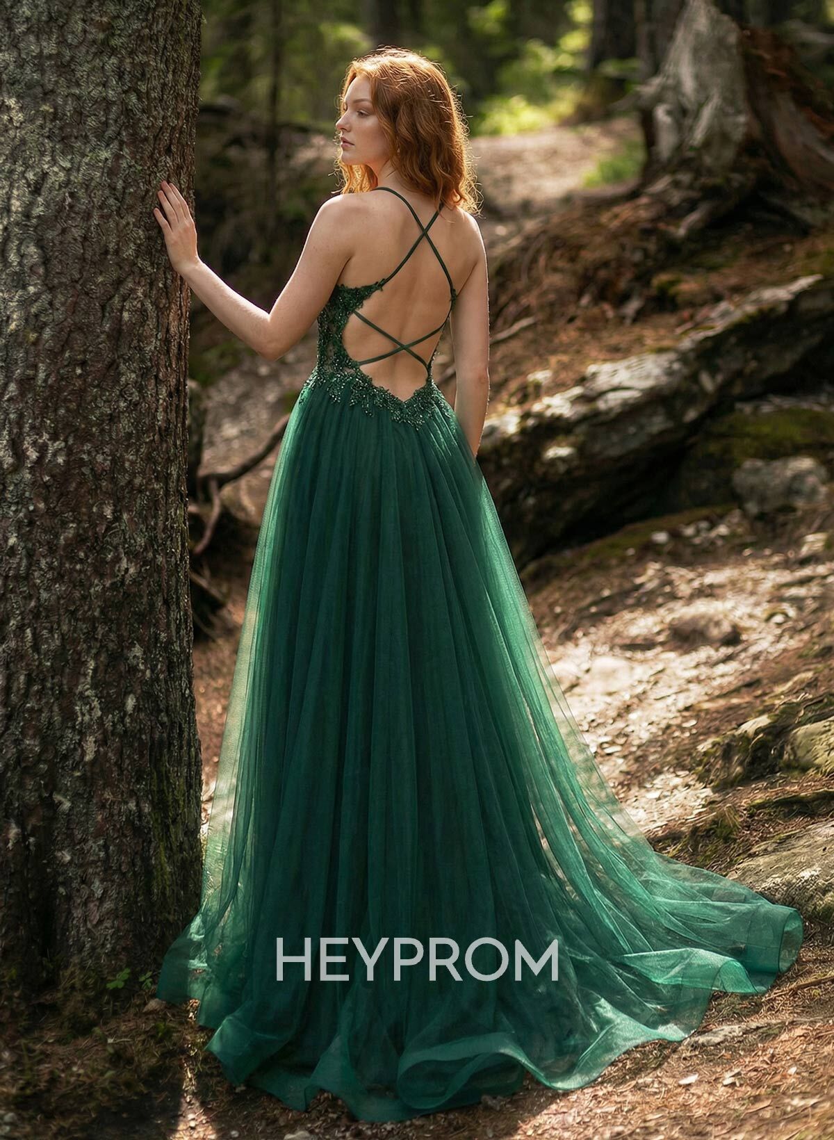 A-Line Sweetheart Sweep Train Tulle Prom Dresses With Appliques Lace/Back Hole/High Split