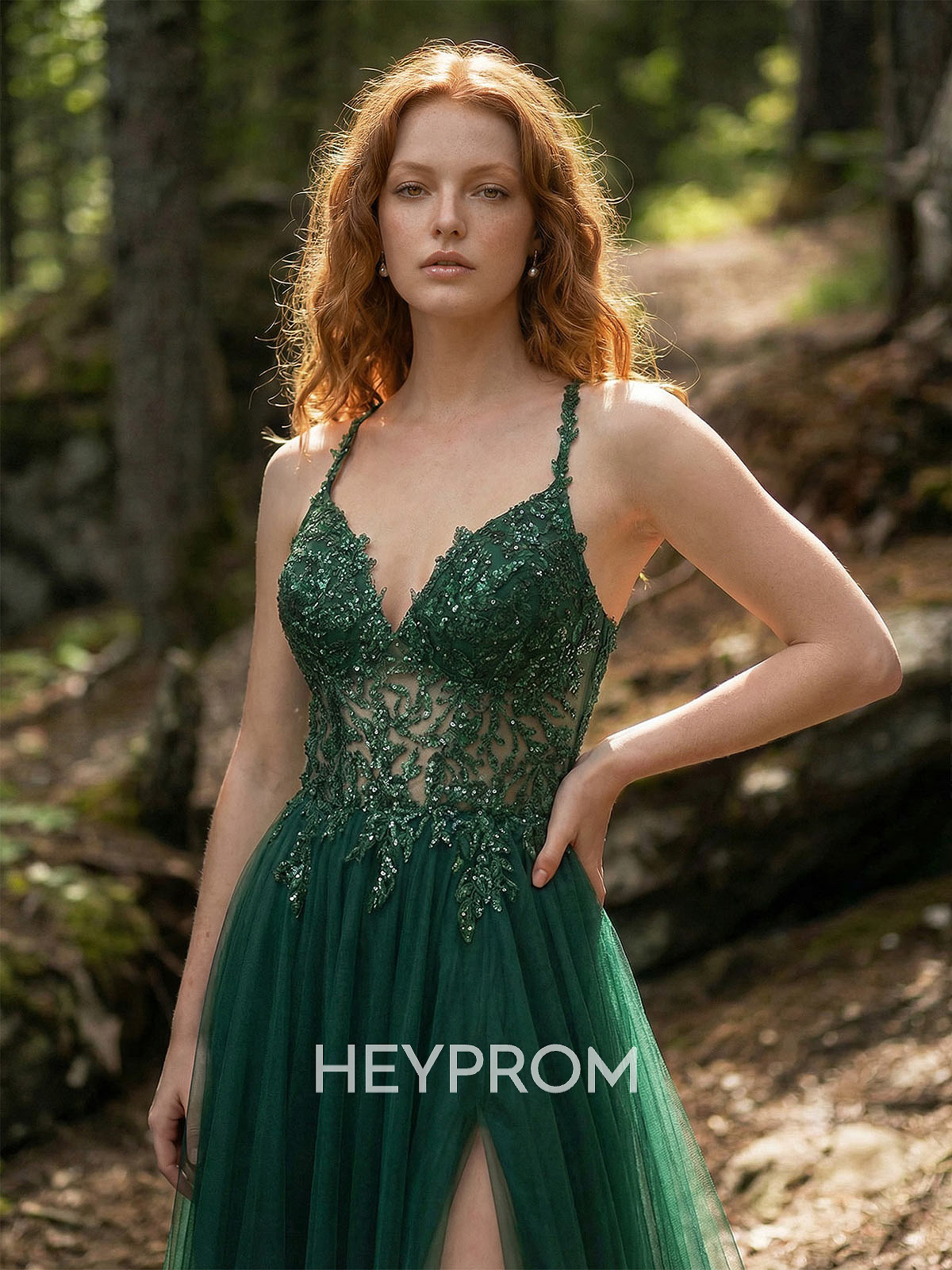 A-Line Sweetheart Sweep Train Tulle Prom Dresses With Appliques Lace/Back Hole/High Split