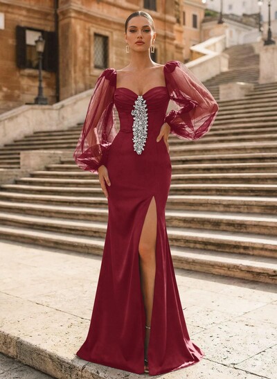 Trumpet/Mermaid Sweetheart Long Sleeves Sweep Train Crepe Satin Prom Dresses With Back Hole/Rhinestone/High Split
