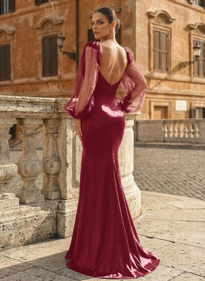 Trumpet/Mermaid Sweetheart Long Sleeves Sweep Train Crepe Satin Prom Dresses With Back Hole/Rhinestone/High Split