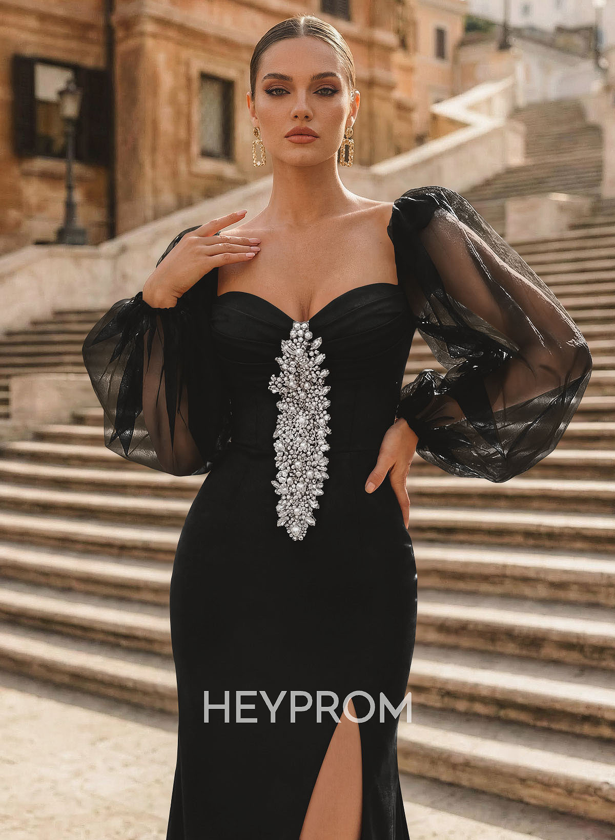 Trumpet/Mermaid Sweetheart Long Sleeves Sweep Train Crepe Satin Prom Dresses With Back Hole/Rhinestone/High Split