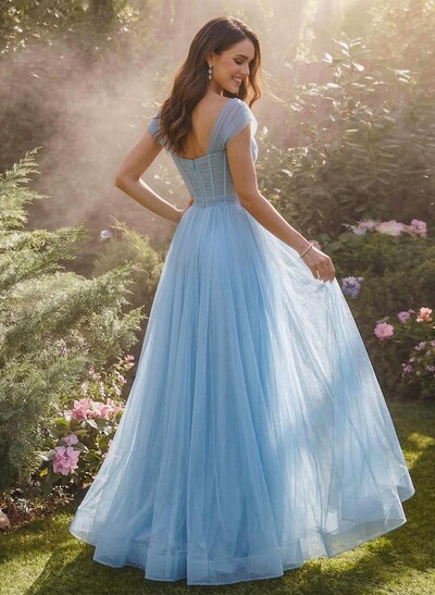 Elegant A-Line V-Neck Short Sleeves Floor-Length Satin/Tulle Prom Dresses With High Split