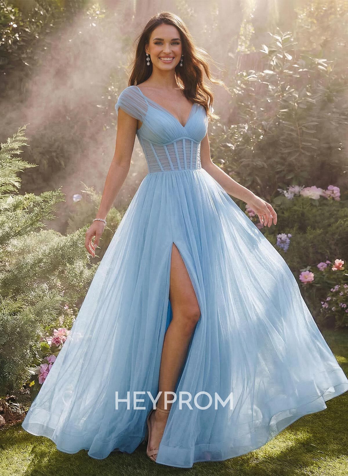Elegant A-Line V-Neck Short Sleeves Floor-Length Satin/Tulle Prom Dresses With High Split
