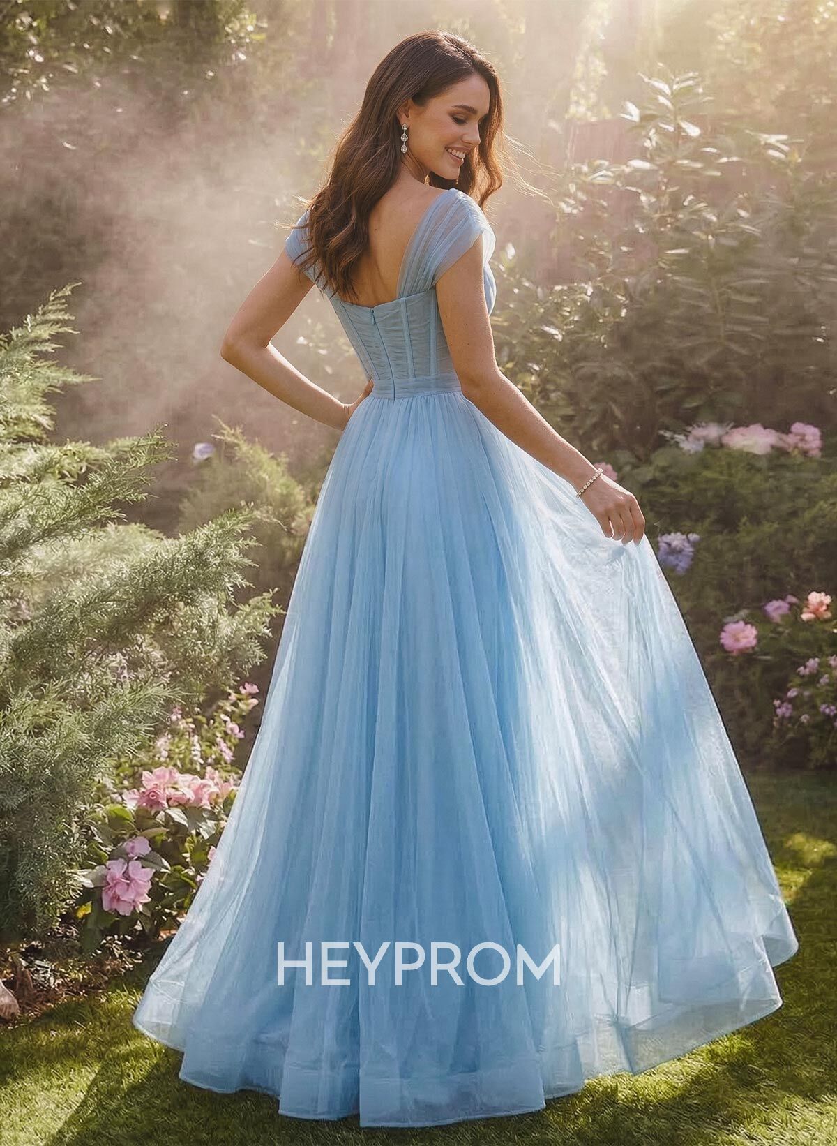 Elegant A-Line V-Neck Short Sleeves Floor-Length Satin/Tulle Prom Dresses With High Split